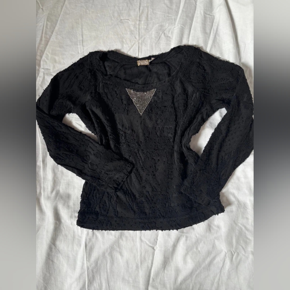 Black Lace Long Sleeve Top with Rhinestone Detail